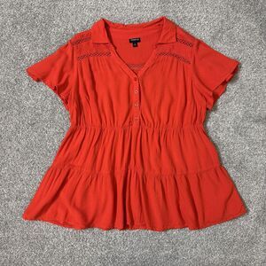 Torrid Blouse Womens 1 Red Collared Crochet Button Front Peplum Tunic Top